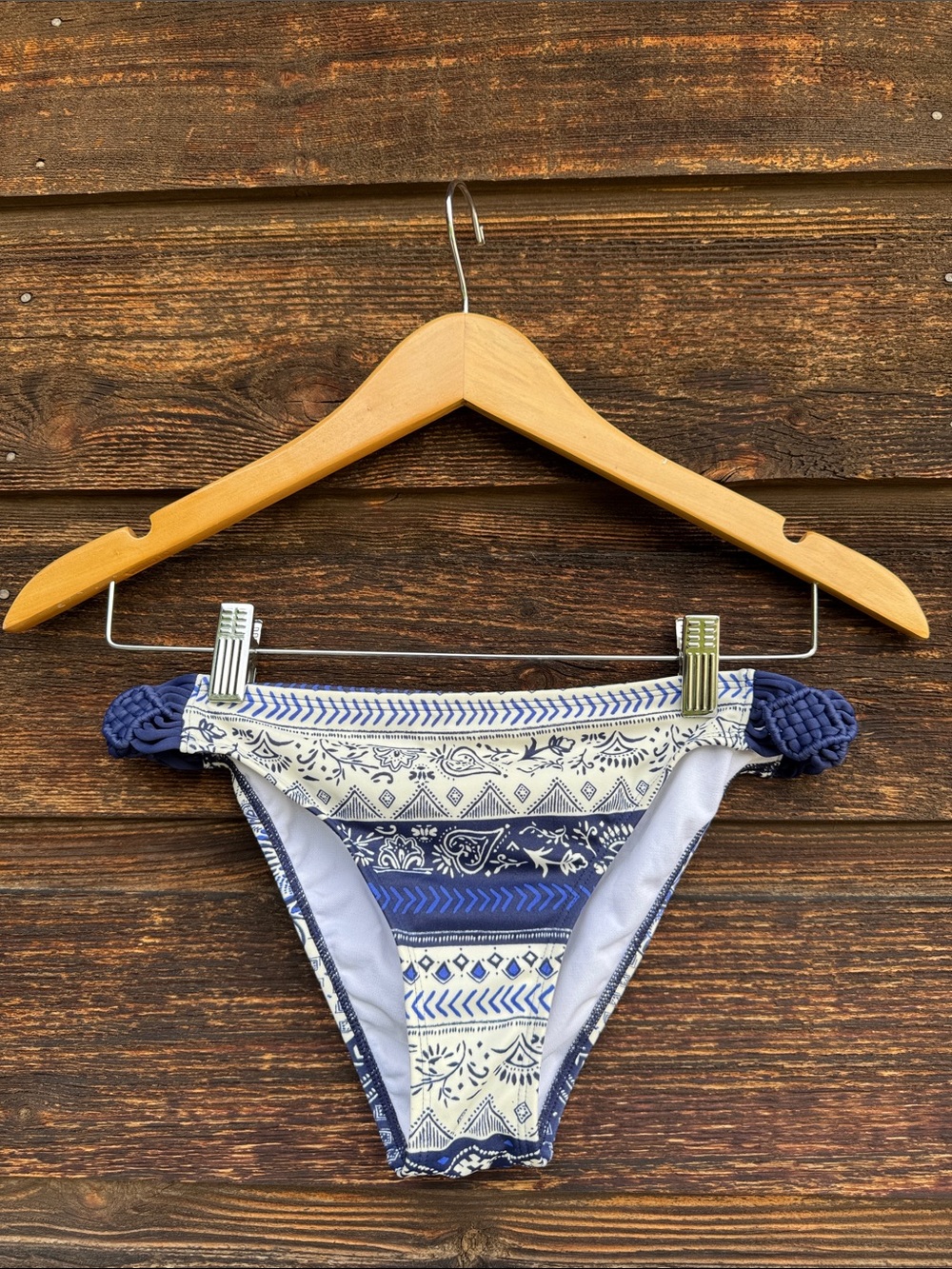 Roxy Blue & White Patterned Bikini Bottoms with Braided Sides